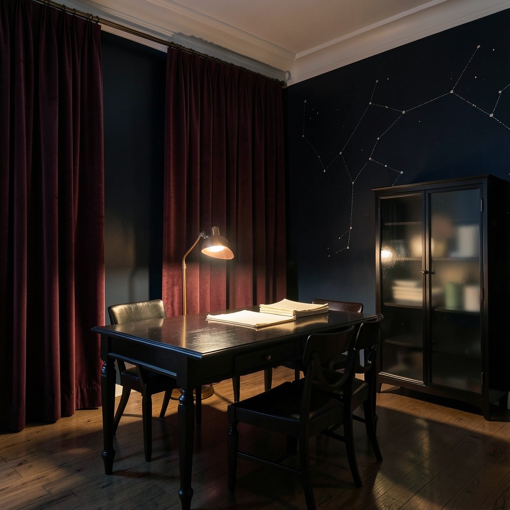 The empty Jeonju chart room with velvet drapes, lacquered wood, and a copper lamp