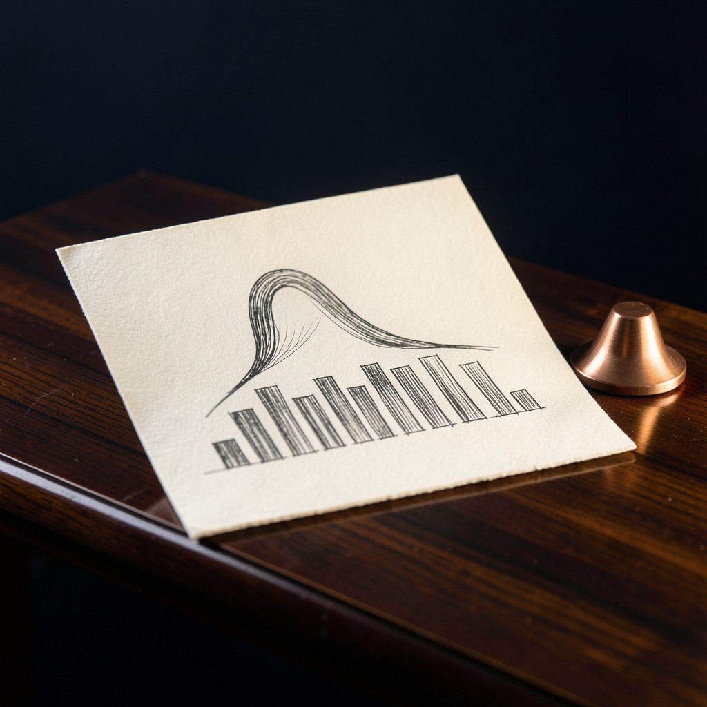 Ink histogram bars drawn beneath a rising price path on dark wood