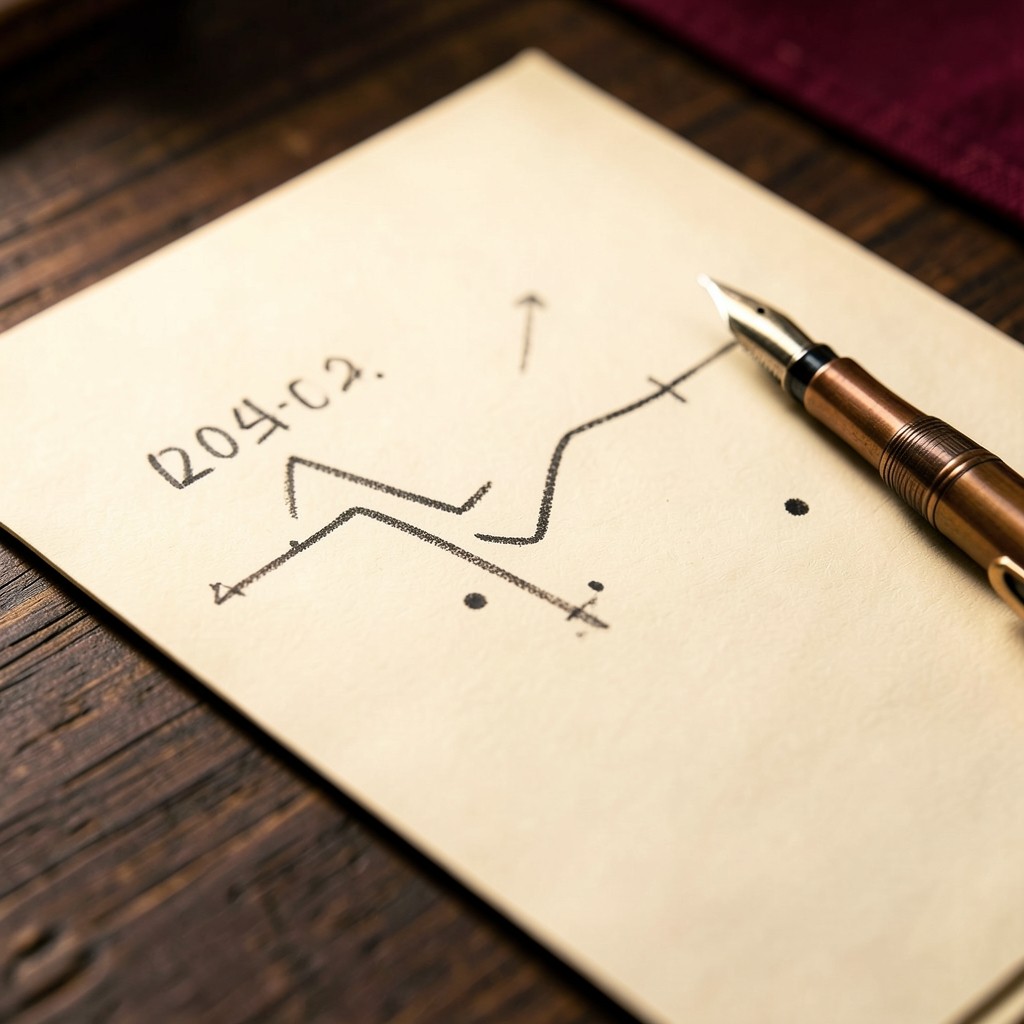 A hand-drawn oscillator curve under a price swing on warm ivory paper