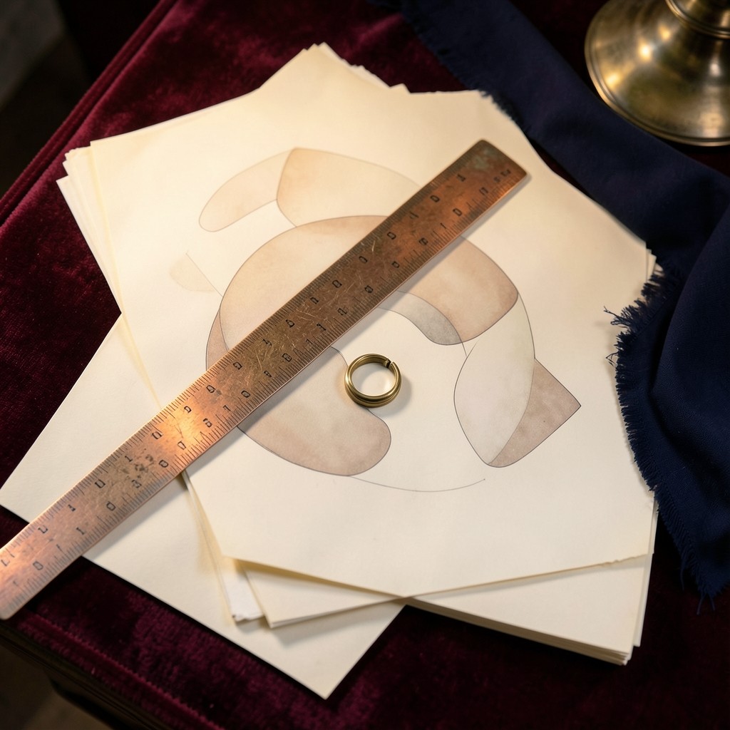 Overhead view of the chart desk with papers, a copper ruler, and a navy cloth