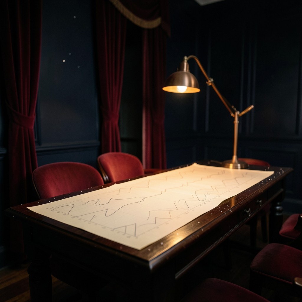 A dim velvet study with printed price charts and oscillator curves on a lacquered table