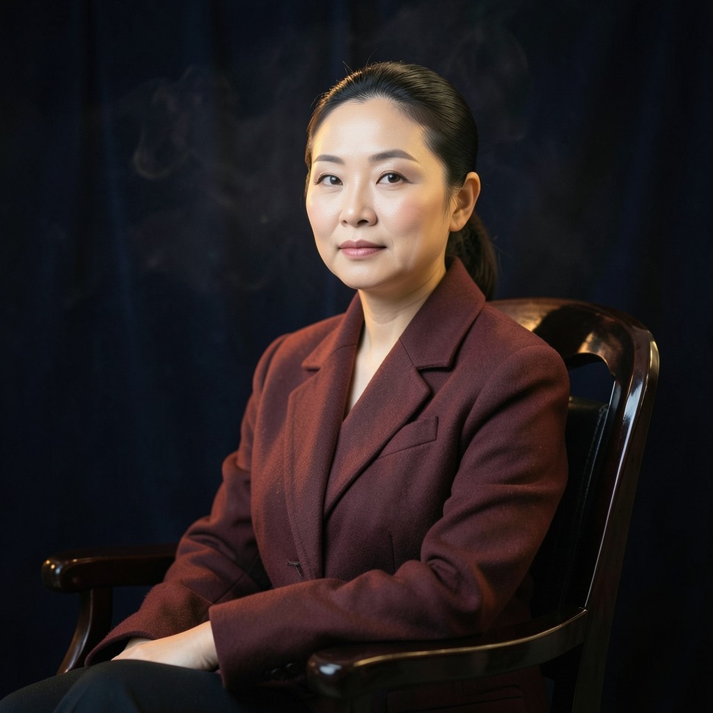 Portrait of a woman in a burgundy jacket seated in the chart room