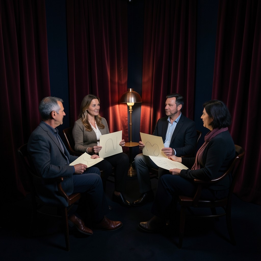 Four adults in a small evening circle with chart sheets on their laps