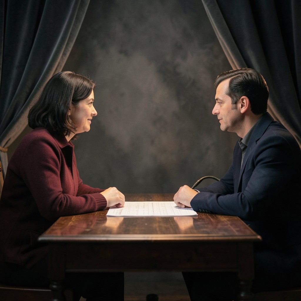 Two adults across a lacquered desk with a single chart between them