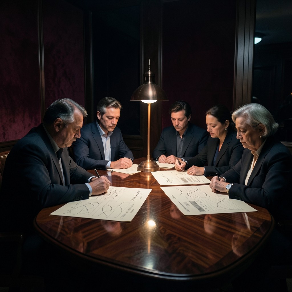 Adults seated at a dark wood table with printed oscillator studies under a copper lamp