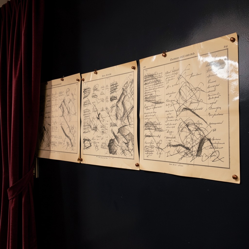 Chart sheets pinned in a row on dark wood inside a velvet room